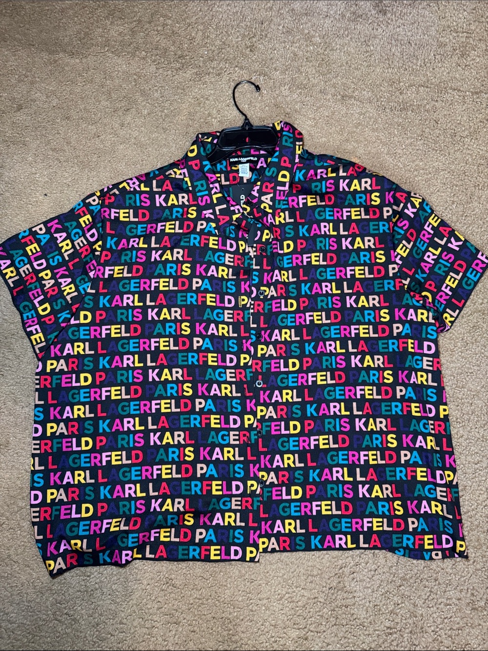Karl Lagerfeld Black Short-Sleeve Logo Print Button-Down Shirt